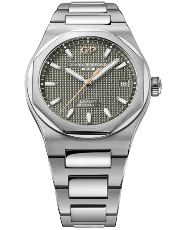 Laureato Sage Green en acier, 38 mm de diamètre, mouvement automatique avec date par guichet, bracelet en acier. © Girard Perregaux