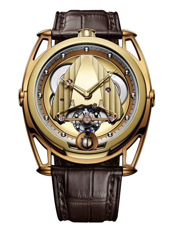 DB28 Yellow Tones en titane jaune, 42,6 mm de diamètre, mouvement à remontage manuel avec indicateur des phases de lune et indicateur de réserve de marche au dos, bracelet en cuir. De Bethune. CHF 55'000. © De Bethune