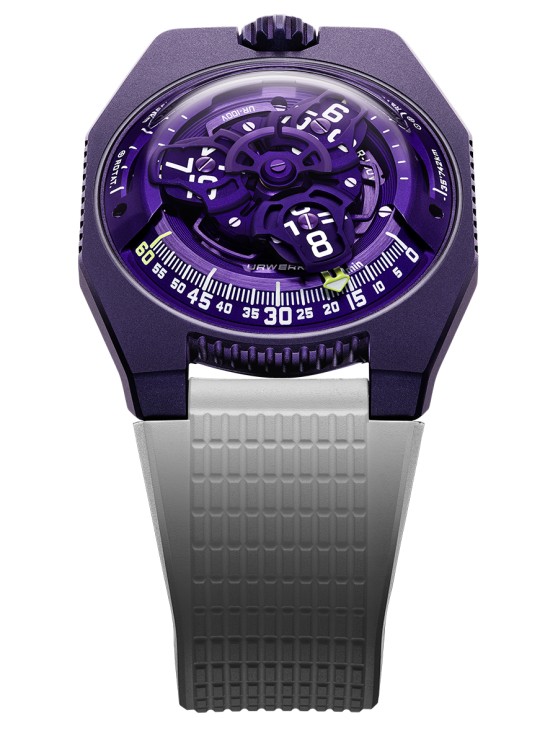 UR-100V UltraViolet en titane violet, 41 x 50 mm, mouvement automatique avec heures satellitaires et minutes rétrogrades, bracelet en caoutchouc. Urwerk. CHF 62'700. © Urwerk