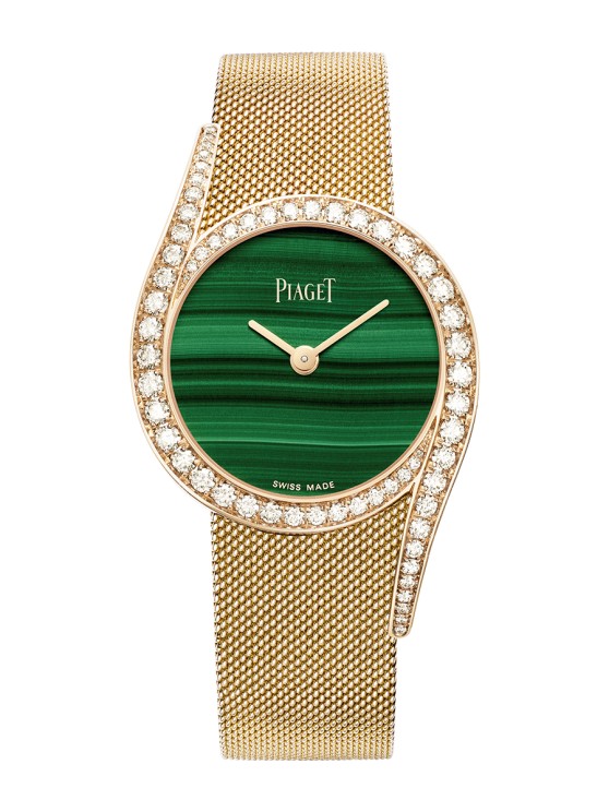 Montre Limelight Gala en or rose et diamants, cadran en malachite, mouvement automatique, bracelet en maille milanaise en or rose. Piaget. CHF 50'500 © Piaget