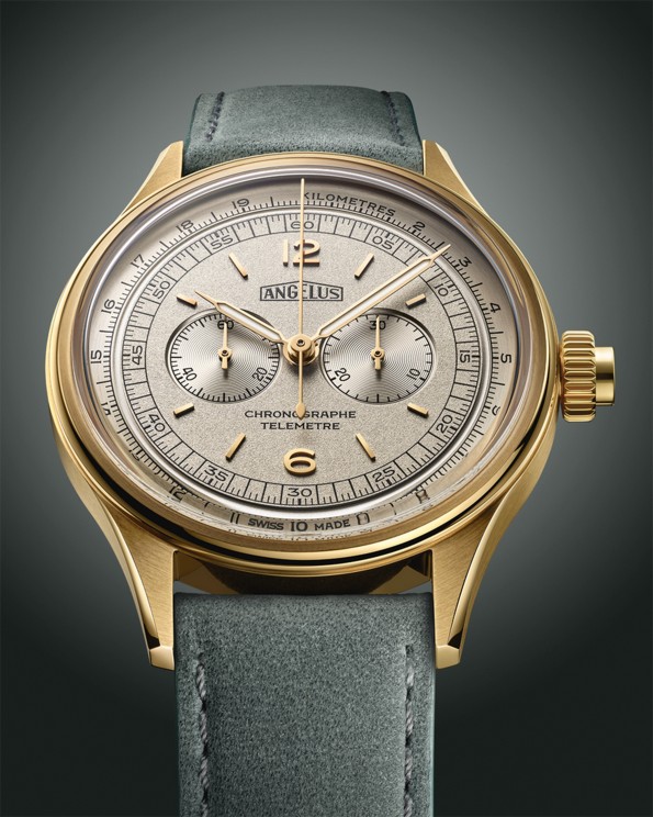 Chronographe télémètre Yellow Gold White, mouvement à remontage manuel, 38 mm © Angelus