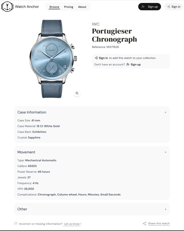 Interface of watchanchor.com © Watch Anchor
