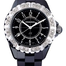 J12 Céramique noire, lunette acier serti diamants