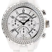 J12 Chronographe céramique blanche, acier serti diamants