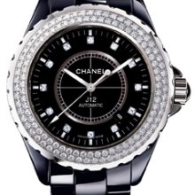 J12 Céramique noire / lunette acier sertie diamants, cadran 12 index diamants