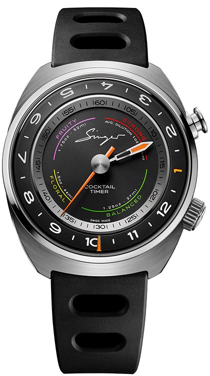 Drawing inspiration from the Flytrack Barista, this limited edition of 12 one-of-a-kind timepieces is decked out in party colours, upholding watchmaking values in style © Singer Reimagined