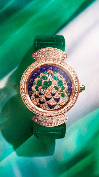 Divas’ Dream Peacock Precious Marquetry Jumping Hours © Bulgari