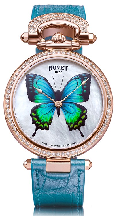 Château de Môtiers in red gold with diamonds, 40mm diameter, automatic movement, leather strap © Bovet