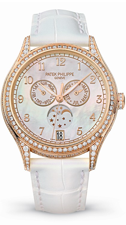 Annual Calendar in rose gold with diamonds, 38mm diameter, automatic movement, day and month by hands, date in an aperture, moon phases, leather strap © Patek Philippe